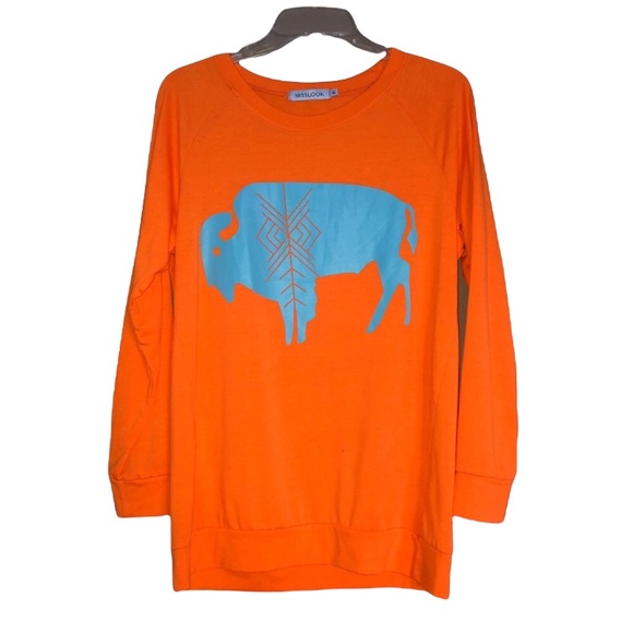 MISSLOOK Tops - Misslook long sleeve tee shirt blouse. Round neck tunic top with bison graphic.